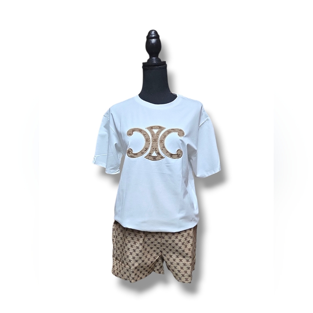 White T-Shirt with Patch Embroided Logo and Patterned Shorts